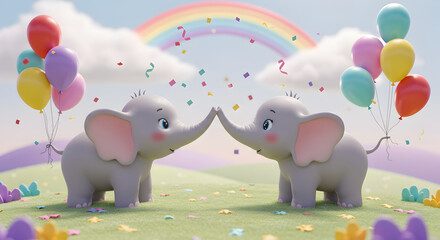 Adorable Cartoon Elephants Celebrating with Balloons, Rainbow, and Confetti