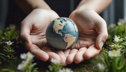 Hands of a firefly gently cradling a globe amid vibrant plants and delicate flowers