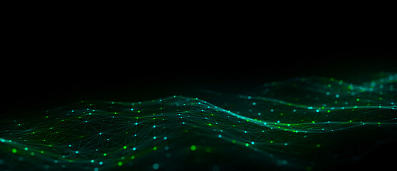 Digital hexagon dynamic wave of particles. Abstract green futuristic background. Big data visualization. 3D rendering.