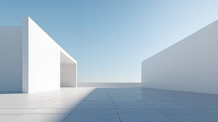 Fototapeta premium A Minimalist Architectural Concept Featuring Simple Square White Walls and an Empty Concrete Floor, Set Against a Clear Blue Sky Background, Perfectly Showcasing the Purity and Freedom of Modern Desi