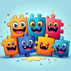 Puzzle piece monsters celebrate teamwork with bright colors and playful expressions in a cheerful cartoon setting