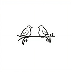 A black and white illustration of two birds perched on a thin branch, looking at each other, with a few leaves and a clean background.