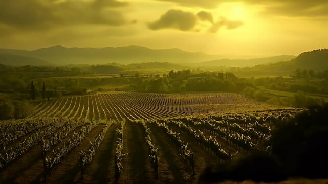 Golden Hour Vineyard Landscape: Rows Of Vines At Sunset - Powered by Adobe