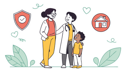 Two doctors and a child standing together with shield and house icons and plant designs around them