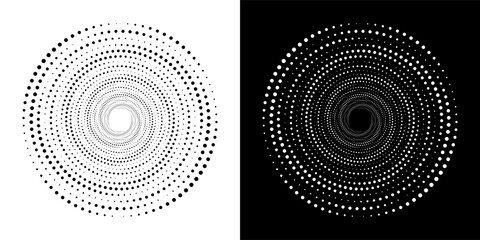 Dotted circular logo. Circular concentric dots isolated on white background. Halftone fabric design. Halftone circle dots texture. Vector design elements for various purposes.
