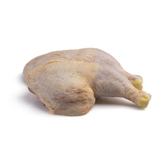 Cosce di pollo crude con pelle su sfondo bianco, perfette per cucina e ricette.
Raw chicken thighs...