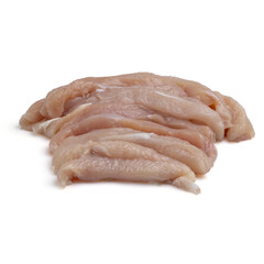 Strisce sottili di petto di pollo crudo su sfondo bianco, ideali per ricette veloci.
Thin raw chicken breast strips on white background, ideal for quick recipes.