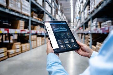 Businessman using tablet with digital warehouse inventory management system dashboard in smart...