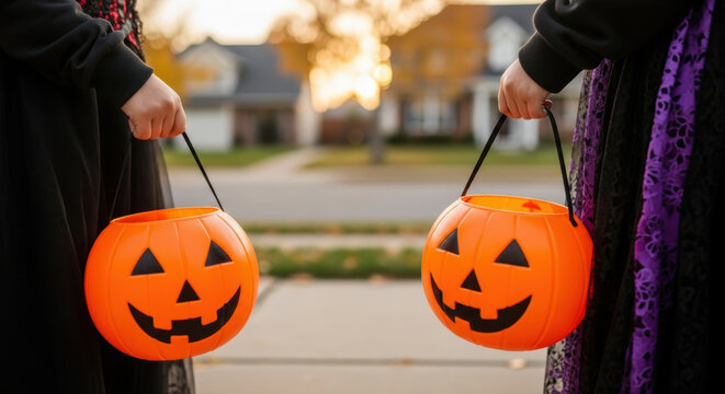 Children holding pumpkin shaped candy buckets outdoors in a suburban neighborhood during halloween evening festivities
