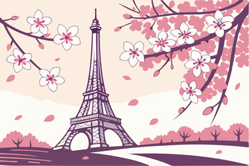 Paris eiffel tower spring blossom scene