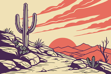 Desert sunset landscape with saguaro cactus