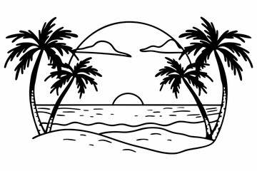 Tropical beach sunset line art illustration