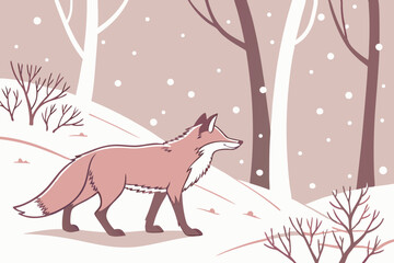 Red fox in snowy winter forest illustration
