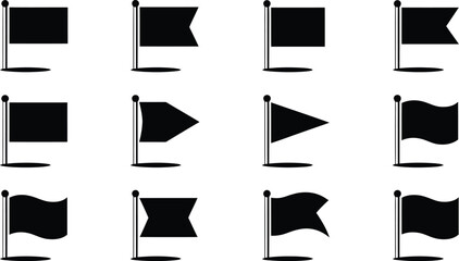 Twelve black flag icons with different shapes on a light gray background
