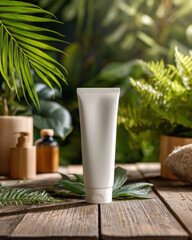 Closeup of sunscreen tube on wooden surface surrounded by lush green plants, creating serene and natural atmosphere. product is elegantly displayed, emphasizing its eco friendly appeal