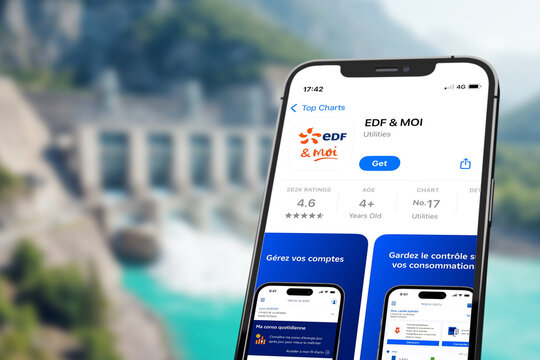 Guilherand-Granges, France - June 19, 2025. EDF & moi app: Manage your EDF account, track energy consumption, pay bills, send meter readings, and get energy-saving tips from your mobile.