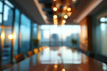 Empty Conference Room with City View and Modern Lighting Fixtures, urban office backdrop, motion blur Business concept, motion bokeh background