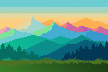 Vibrant Sunset over Colorful Mountain Ranges A Serene Landscape Illustration