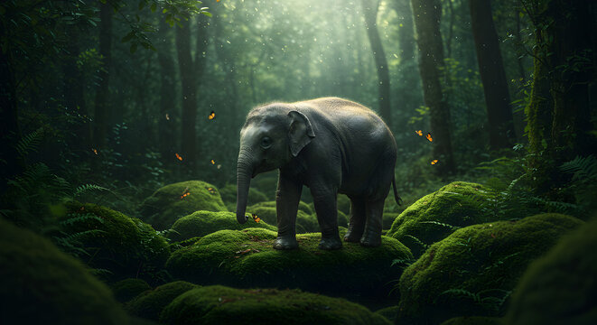 An adorable elephant calf standing on moss-covered rocks within a lush forest