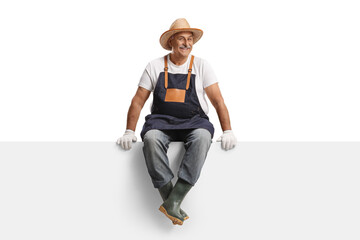 Mature male gardener sitting on a blank panel
