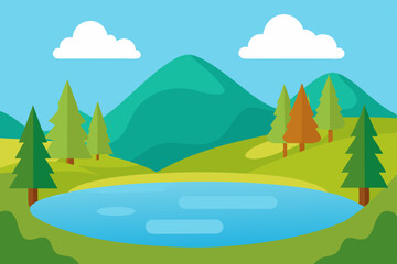 Obraz premium Nature's serene mountain landscape with green trees, a clear blue sky, and a tranquil river flowing through a summer meadow