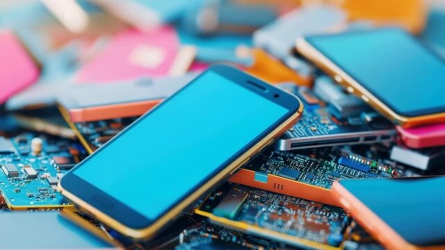 Smartphone electronic circuit board technology closeup with blue screen device and microchip components pile, disassembled mobile device gadget showcasing electronic components and modern technology