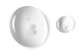 Clear white liquid gel for skin care with bubbles and particles. Example of gel stroke on skin.