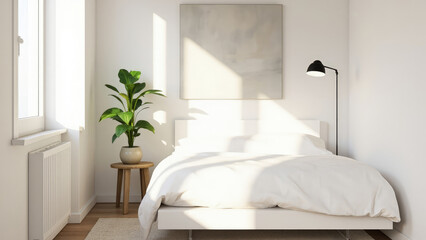 Minimalist white bedroom interior design sunlight plant