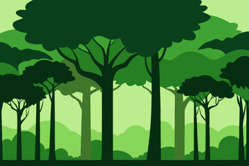 Vector illustration of green trees in a summer forest landscape with sky and grass