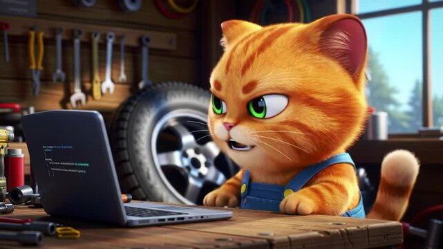An animated, orange tabby cat with green eyes and a grumpy expression is depicted wearing blue overalls, sitting at a desk and looking intently at an open laptop.