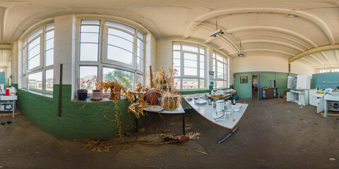 360-degree view of an abandoned pipe factory. Old furniture, workbenches, and decaying walls...