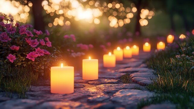 Golden candles illuminate a stone path through a garden at sunset
