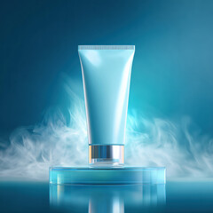 Studio shot of realistic sunscreen tube on reflective surface, surrounded by soft mist, creating serene and refreshing atmosphere. product is designed for skincare enthusiasts