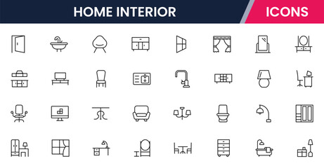 Vector illustration web line icon collection for home interior: furniture, decor, lighting, and cozy living spaces in a modern style.