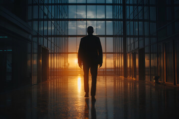 Businessman Silhouette Walking Towards Sunset in Modern Office Building Interior, urban office backdrop, motion blur Business concept, motion bokeh background