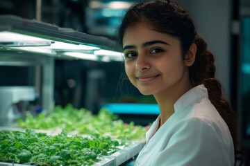 Indian woman scientist working in lab with hydroponic plants under lights
