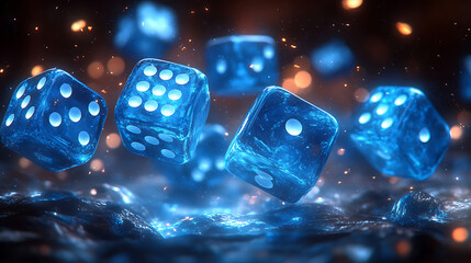 Floating blue ice dice amidst glowing particles in a mystical background, evoking chance and excitement