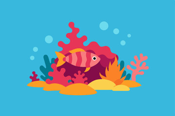Seamless underwater vector illustration with cartoon tropical fish, marine animals, and coral in the ocean