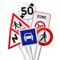 panneaux routiers en groupe, apprendre le code de la route, illustration 3D sur fond transparent   © Fox_Dsign