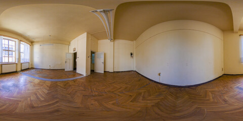 360-degree view of an abandoned pipe factory. Old furniture, workbenches, and decaying walls...