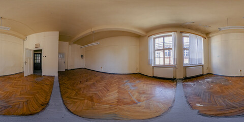 360-degree view of an abandoned pipe factory. Old furniture, workbenches, and decaying walls...