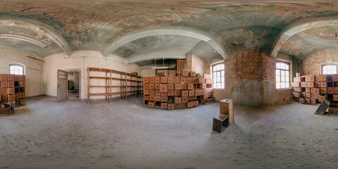 360-degree view of an abandoned pipe factory. Old furniture, workbenches, and decaying walls...