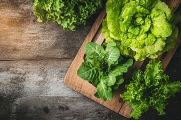 Fresh leafy vegetables on cutting board over rustic wooden table
