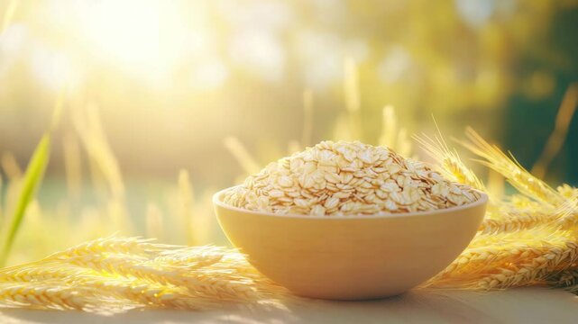 Oat flakes wooden bowl with golden wheat ears table warm sunlight natural healthy food cereal grain agriculture concept soft focus background rolled oat flakes natural cereal grain food agriculture