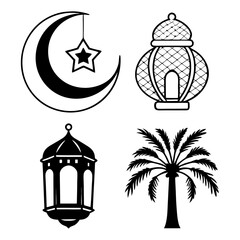 Islamic Elements Vector – Crescent Moon, Lanterns, Mosque & Palm Tree Icons