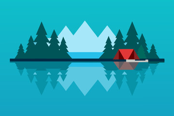 Serene Lakeside Camping Mountains, Pines, and Tranquil Reflections
