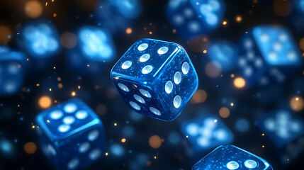 Floating blue dice with glowing spots, creating a magical atmosphere in a vibrant background