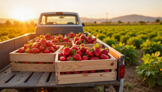 Fresh strawberries in crates on a truck bed at dawn on farm with distant hills. Juicy red strawberries harvested at sunrise, ready for transport. Farmers market fresh strawberries in wooden crates.