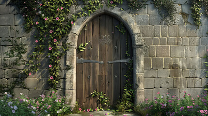 3D gothic wooden door, ivy and flowers on stone wall, old castle entrance design.