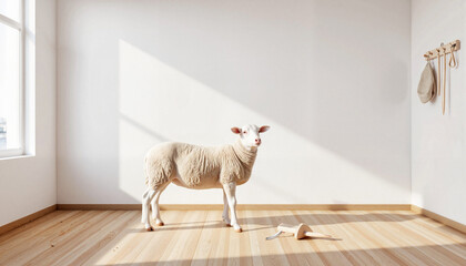Woolly sheep standing in brightly lit room with copy space. Fluffy sheep in minimalist interior.  Adorable woolly sheep poses for photography in bright room.